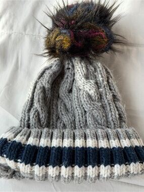 Kids Cable Knit Pom Beanie - Gray with Navy & White Stripes